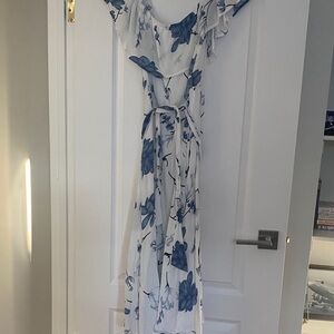 Suzy Shier White and Blue Floral Maxi Dress